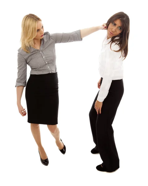 Workplace Bullying One Woman Abusing Another Plain White Background — Stock Photo, Image