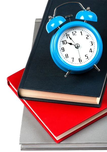 Relógio Alarme Azul Sentado Alguns Livros — Fotografia de Stock