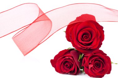 Three red roses with tape draped over them on white background clipart