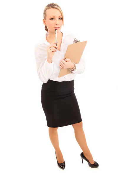 Business Woman White Blouse Black Skirt Clipboard Pen — Stock Photo, Image