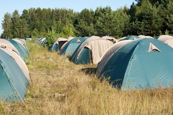 Лагерь на поле. Много палаток. Никого. Лето
.