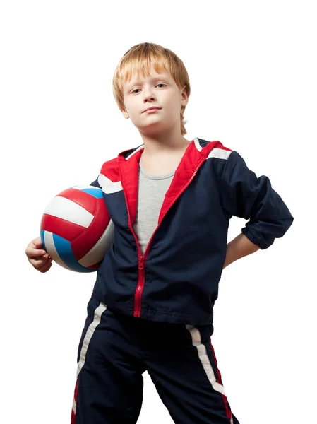 Маленький Хлопчик Комбінезоні Тримає Волейбольний Ізольовані — стокове фото