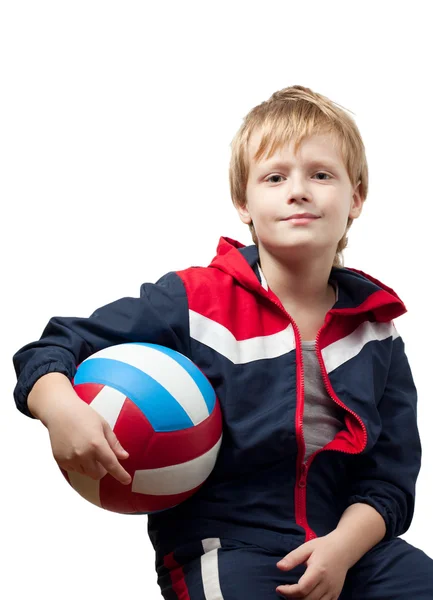 Niño Con Mono Sostiene Una Pelota Voleibol Aislado — Foto de Stock