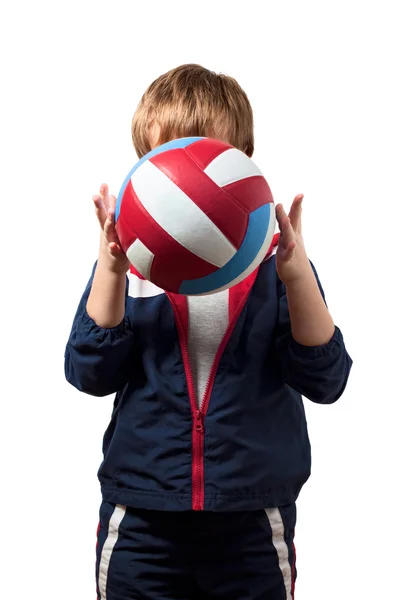 Petit Garçon Combinaison Tient Une Balle Volley Ball Isolé — Photo