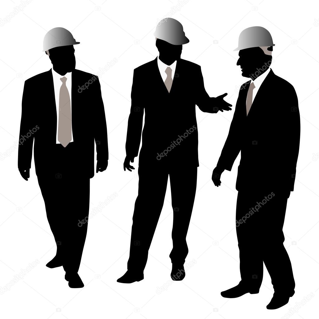 Three businessmen architects or engineers with a protective helmet walking and talking about new project. Isolated white background. EPS file available.