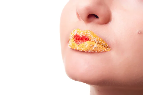 Closeup Studio Portrait Female Lips Bright Yellow Lipstick Sprinkled Red — Stock Photo, Image