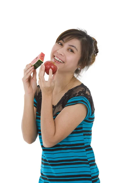 Kvinna med vattenmelon och äpple — Stockfoto