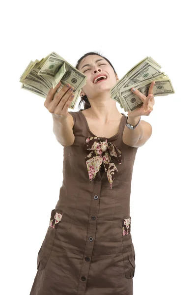 Красивая женщина счастлива с кучей денег — стоковое фото