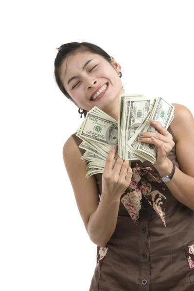 Mooie vrouw gelukkig met veel geld — Stockfoto