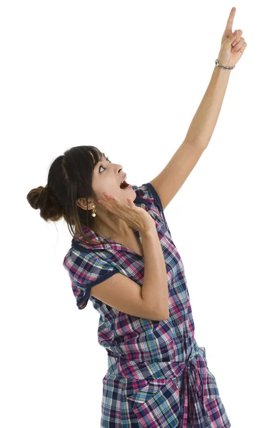 Woman wijzend op iets omhoog — Stockfoto