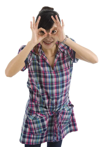 Woman pretending to wear glasses — Stock Photo, Image