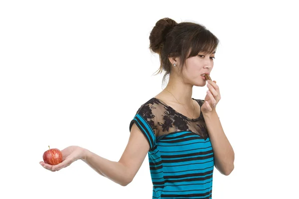 Mujer con chocolate y manzana — Foto de Stock