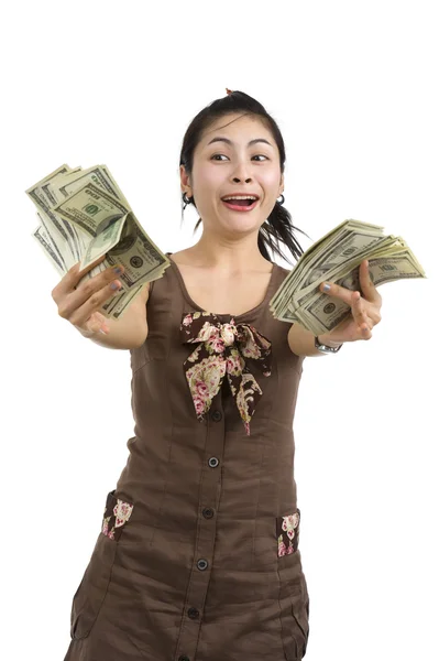 Красивая женщина счастлива с кучей денег — стоковое фото