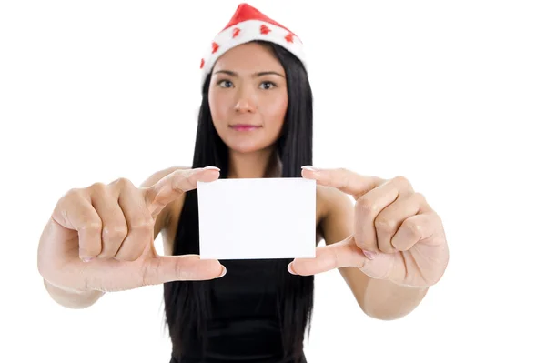 女人与圣诞老人帽子和空白名片 — 图库照片