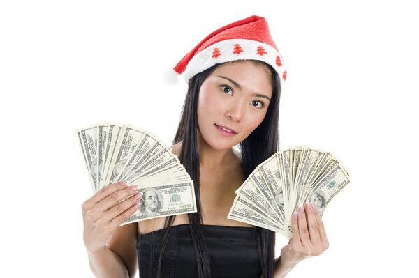 Woman with santa claus hat and money