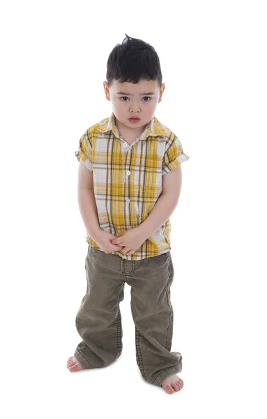 Schüchterner Junge auf weißem Hintergrund — Stockfoto