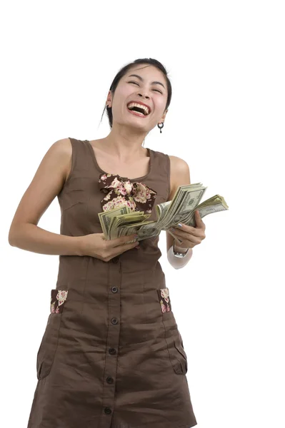 Bella donna felice con un sacco di soldi — Foto Stock