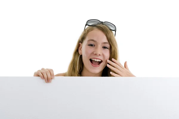Boş ekran kartı ile sarışın kız — Stok fotoğraf