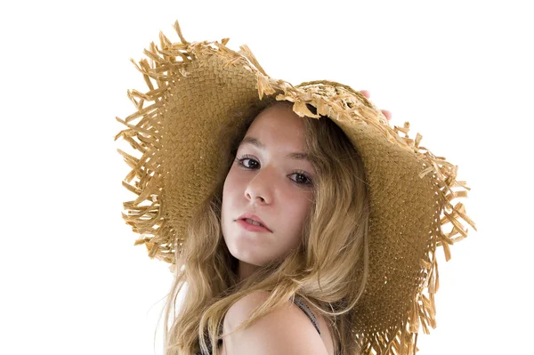 Adolescente loira com chapéu de palha — Fotografia de Stock