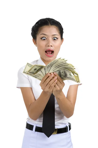 Bir sürü para ile iş kadını — Stok fotoğraf