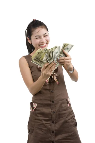 Mulher bonita feliz com muito dinheiro — Fotografia de Stock