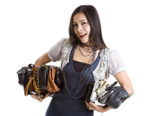 Jonge Vrouw Met Een Handtas Collectie Geïsoleerd Witte Achtergrond — Stockfoto