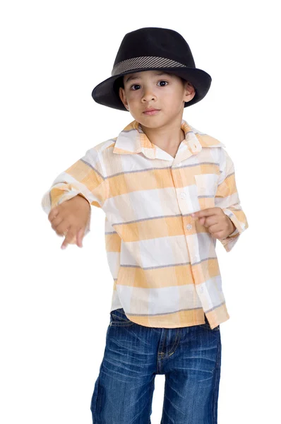 Милий Маленький Хлопчик Танцює Білому Тлі Руки Трохи Розмиті Від — стокове фото