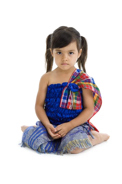 Schattig Klein Meisje Traditionele Thaise Kleding Geïsoleerd Witte Achtergrond — Stockfoto