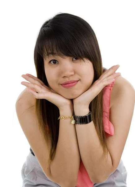 Güzel Genç Asyalı Kadın Beyaz Zemin Üzerine Izole — Stok fotoğraf