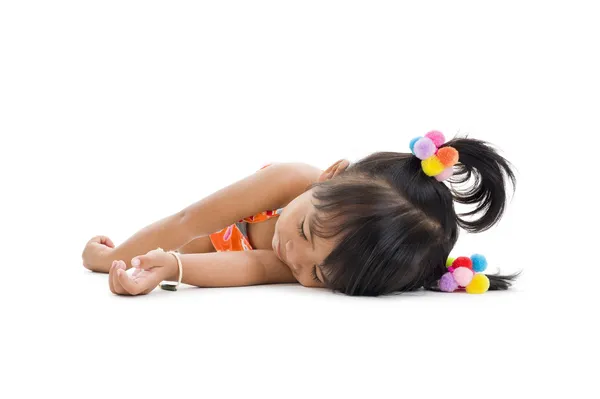 Schattig Klein Meisje Slapen Geïsoleerde Witte Achtergrond — Stockfoto