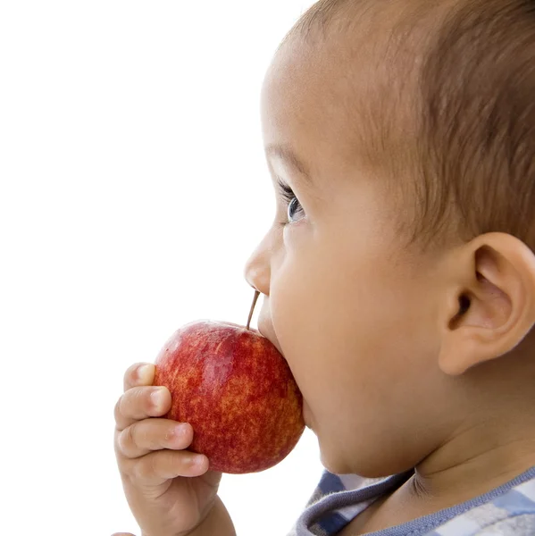Söt pojke äta ett äpple — Stockfoto