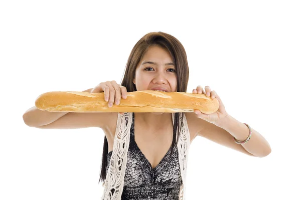 Mulher com pão francês — Fotografia de Stock