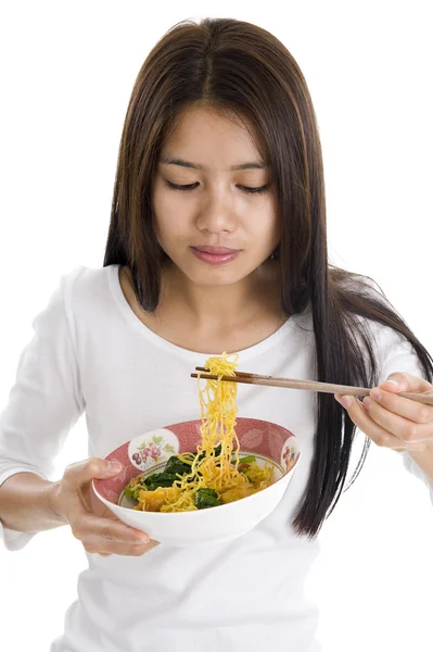 Mujer Asiática Comiendo Con Palos Chuleta Aislada Blanco — Foto de Stock
