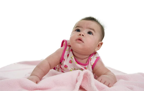 Schattige Aziatische Kaukasische Baby Roze Handdoek Geïsoleerd Witte Achtergrond — Stockfoto