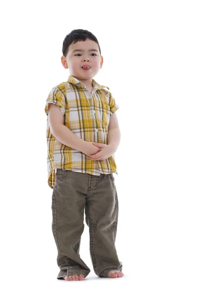 Roztomilé Dítě Trčí Jeho Jazyk Izolovaných Bílém Pozadí — Stock fotografie