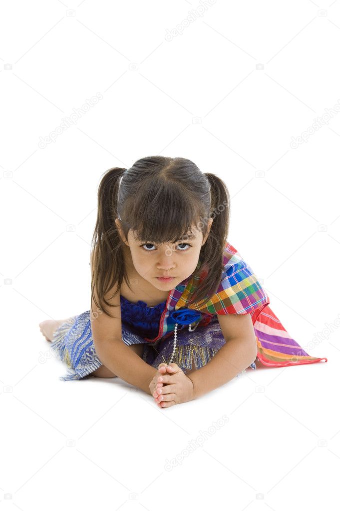 Cute kid with hand folded, isolated on white background