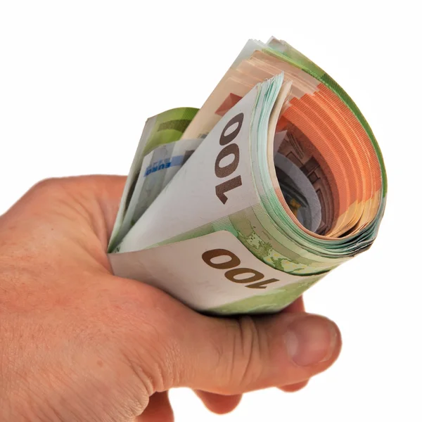 Рулон Банкнот Евро Белой Мужской Рукой — стоковое фото