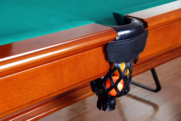 Balls Billiards Table Leather Pockets Closeup — Stock Photo, Image
