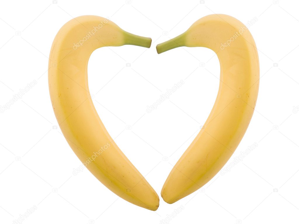 Two banana in heart shape on white background
