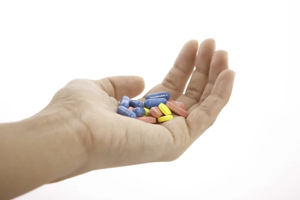Pilulky Ruce Izolované Bílém Pozadí — Stock fotografie