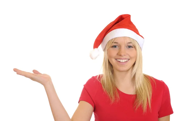 Christmas girl shows right hand — Stock Photo, Image
