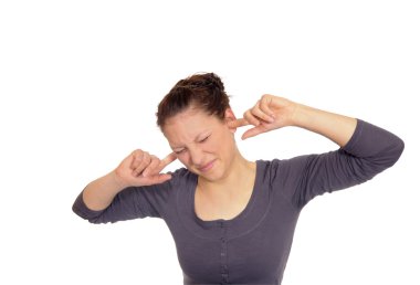 Young brunette woman holding her ears to clipart