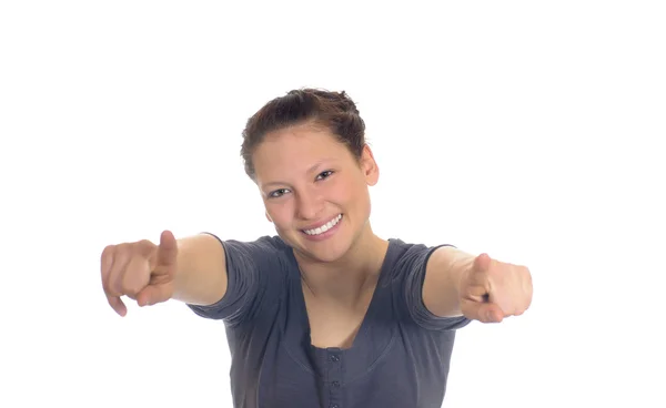 Woman shows finger into the camera — Stock Photo, Image