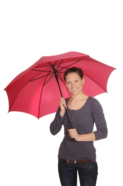 Kırmızı şemsiyeli genç kadın — Stok fotoğraf