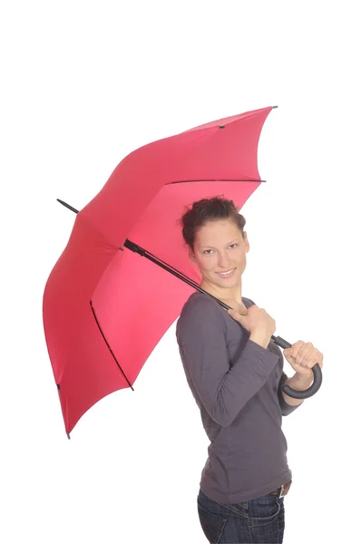 Jeune femme avec parapluie rouge — Photo