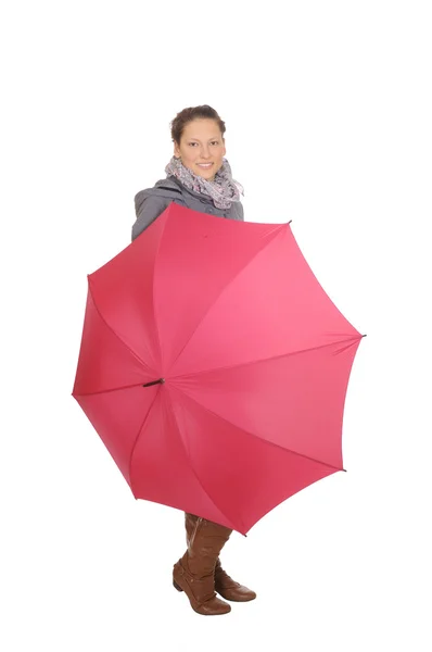 लाल छाता के साथ युवा महिला — स्टॉक फ़ोटो, इमेज