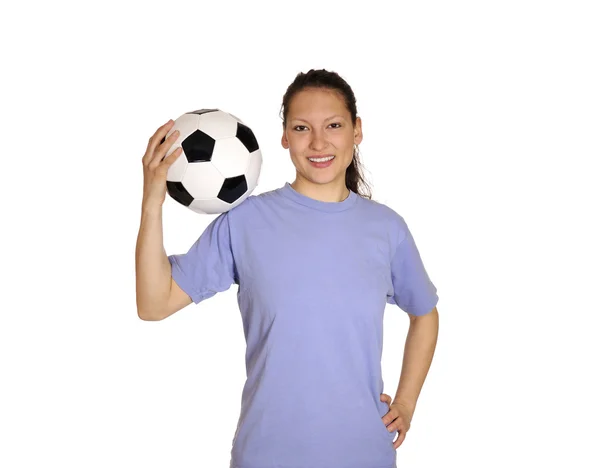 Jonge vrouw met voetbal — Stockfoto