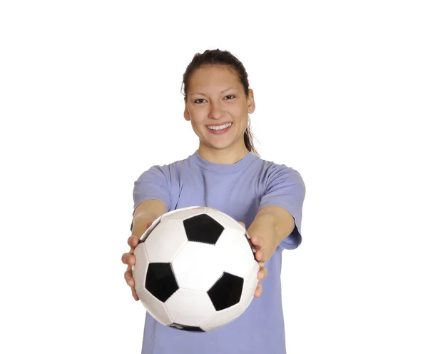 Giovane donna con palla da calcio — Foto Stock