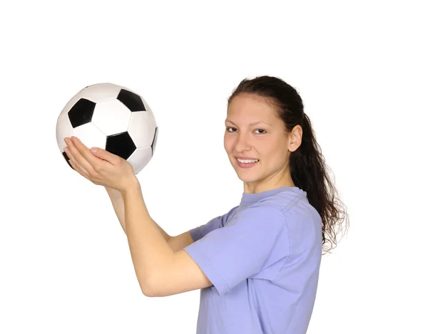 Fiatal nő focilabdával — Stock Fotó