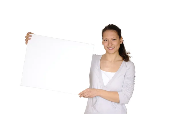 Mujer joven con cartelera blanca —  Fotos de Stock